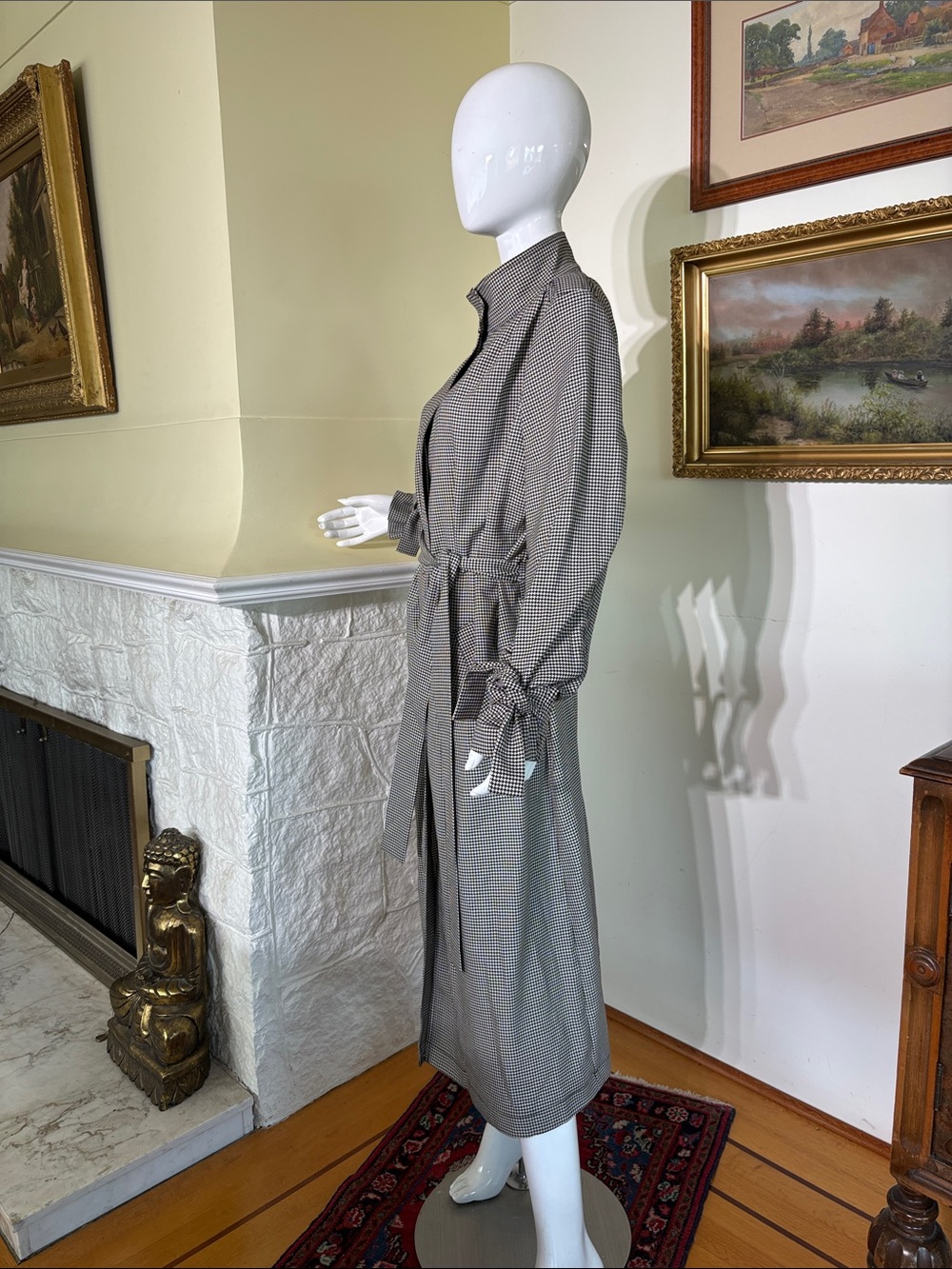 H&M Houndstooth Belted Trench Coat Dress Stand Up Collar - Size 14 - Picture 4 of 10
